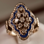 Victorian 14K yellow gold blue enamel ring w/ diamonds