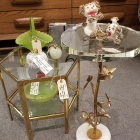Designer Regina Andrew brass and glass martini table with an alabaster base.  Pretty flower design on table leg.