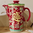 Red & yellow hand painted Chinese tea pot