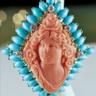 Vintage 18K coral cameo - Persian turquoise & diamond brooch