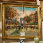 Paris street scene w/ figures, carriage - painting