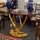Gold tree base console table w/ leaf inlay top