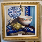 Elegant still life w/ porcelain, brass & oriental rugs; oil on canvas; signed.