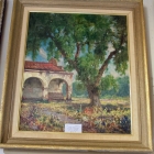 Vintage impressionist summer landscape w/ mission church oil on canvas