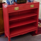 Oriental red lacquered book shelf w/ drawers