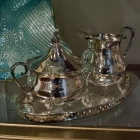 Sheffield silver tray, creamer, sugar