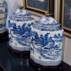 Pair of blue & white jars w/ base