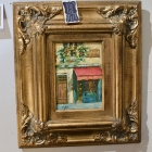 street cafe scene - oil on panel; signed painting