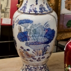 Pair of blue & white vases - gold handles