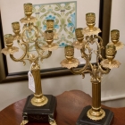 Antique pair of brass & incised marble 5 light candelabra