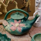 1940s Roseville pottery clematis forest green teapot