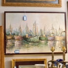 Framed original oil on canvas of boats