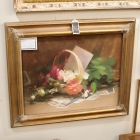 Still life w/ basket of roses & cards on a table