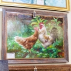 Rooster & hen in an impressionist landscape
