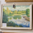 Beautiful antique impressionist autumn lakeside landscape