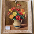 Still life impressionist Zinnias in a pretty pitcher.
