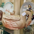 Figural stoneware covered dish swan